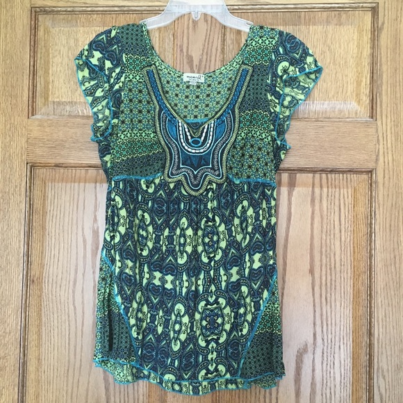 ONE WORLD Tops - One World Green and Blue Boho Top Medium
